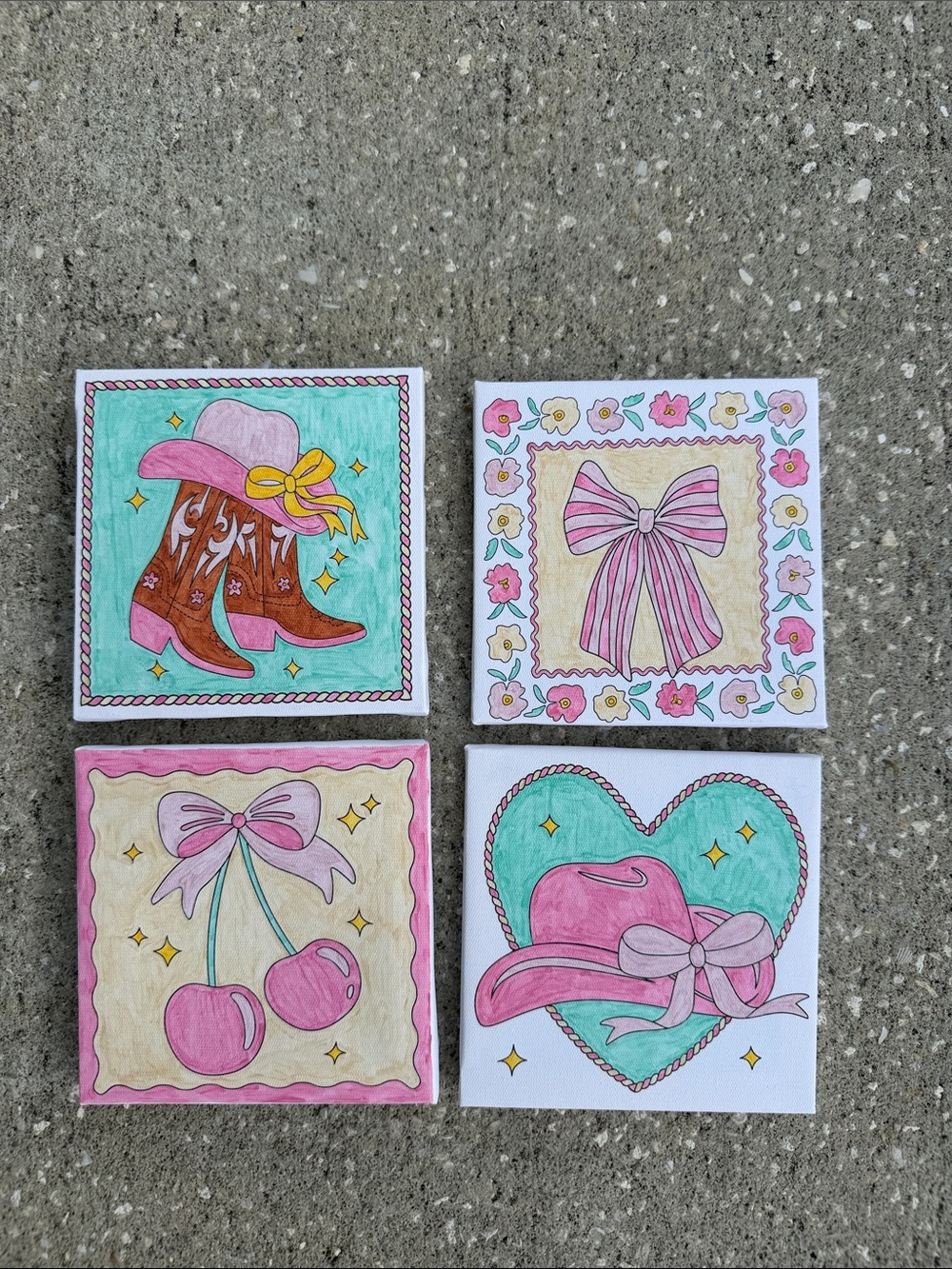 4 Handpainted Girlie Cowboy Boots Ready To Hang Pictures 4”x 4”
